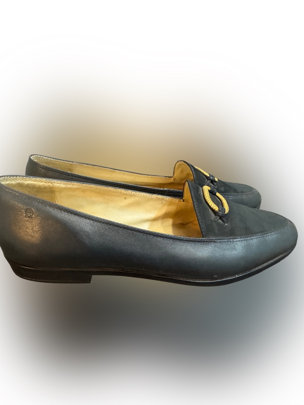 Vintage 90’s Etienne Aigner Navy Blue Leather Loafers with Gold Accent
